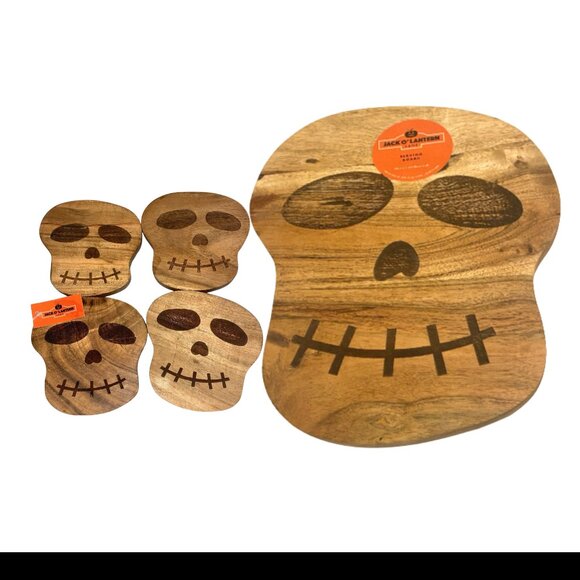 Skull Wood Serving Board and Coasters Skeleton Halloween by Jack O'Lantern - Picture 1 of 1